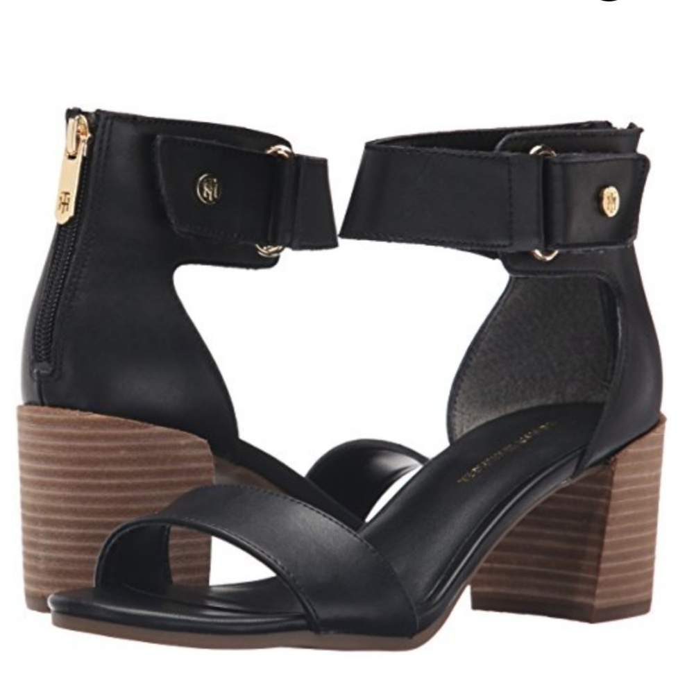 Tommy Hilfiger Black Leather Block Heel Sandals
